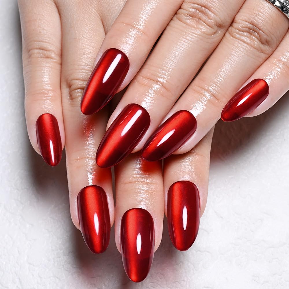 evpct True Red Cat Eye Chrome Press on Nails Almond Medium No Glue, Red Holographic Medium Almond Stick on Fake Nails for Women Gift, Glossy Cat Eye Effect, Perfectly Fit Salon-quality Soft False Nail