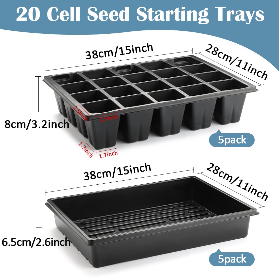 RooTrimmer 2.5 inch Square Pots 3.5 inch Deep 20 Cell Seedling Trays with Water Collection Nursery Trays (15"x11"x3") for Seeds Starting and Transplanting(5 Sets)
