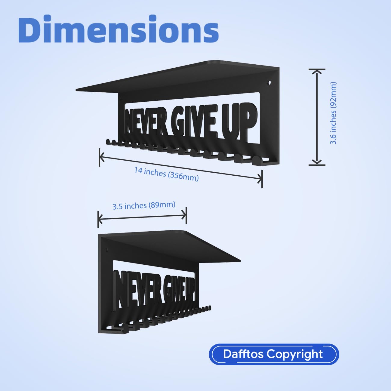 Dafftos Medal Trophy Shelf Hanger Display with Hooks for Medals Race Ribbon Holder Organizer Award Bib Rack Hanging Storage Award Holders Metal Never Give UP