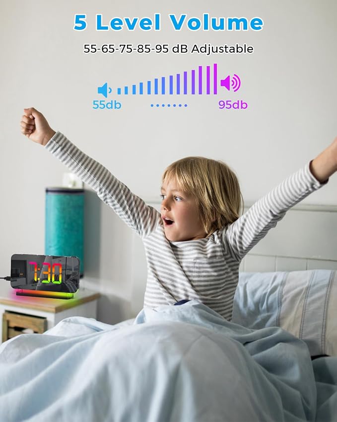 SZELAM Projection Alarm Clock, 7.4 in Digital Mirror Clocks,with 180° Rotatable Projector, RGB Night Light,USB C Charger Port, Auto Dimmer, LED Desk Clock for Bedroom - Black