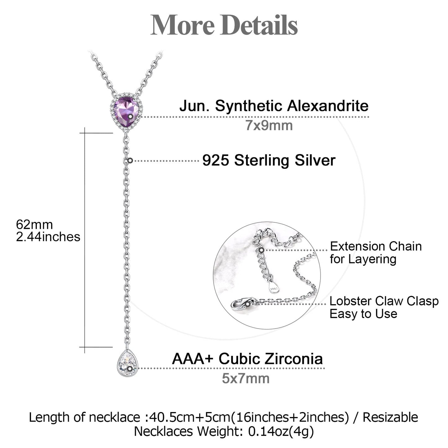 FOCALOOK 925 Sterling Silver CZ Teardrop Lariat Necklace 16"-18" Y Drop Adjustable Birthstone Necklaces for Women