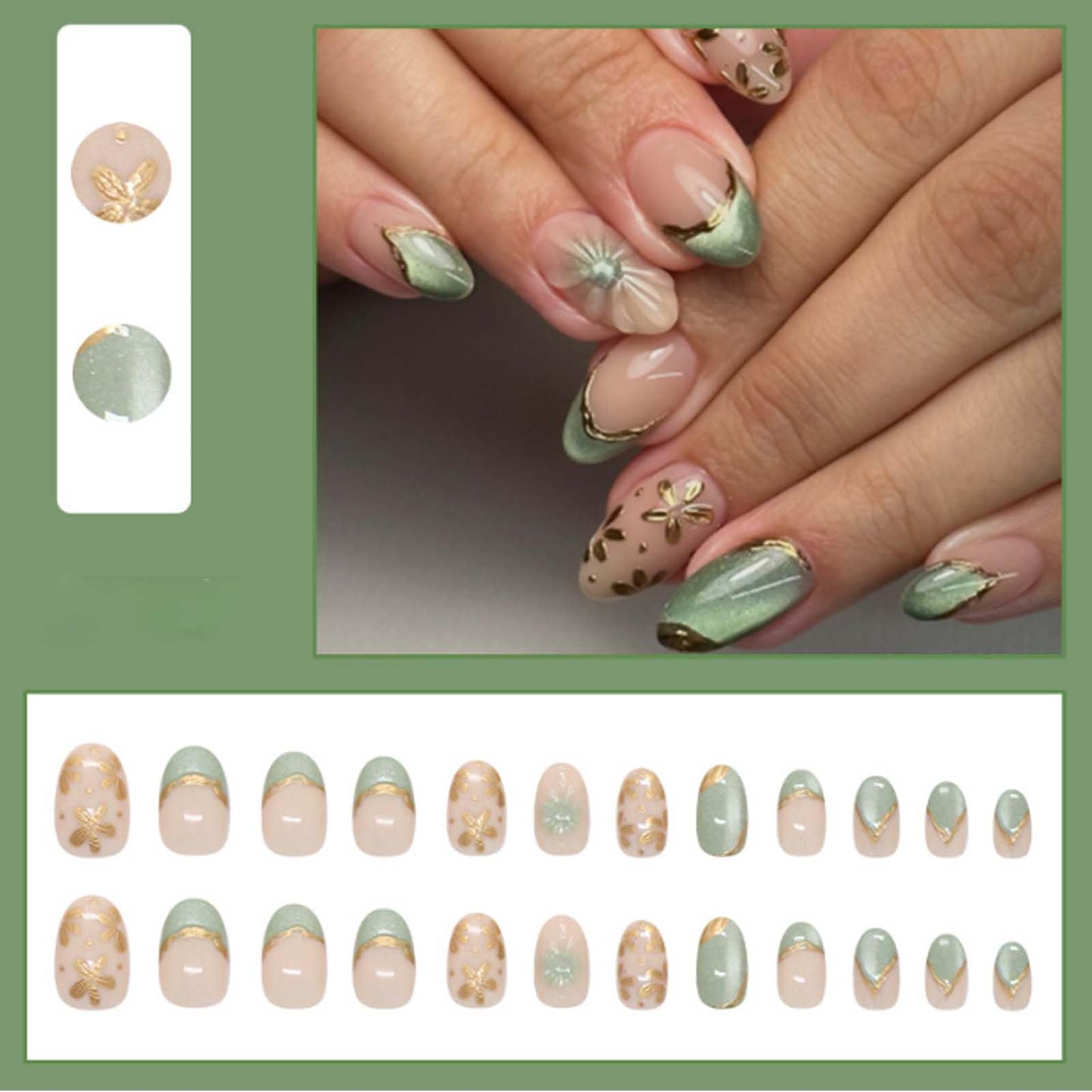 Hkanlre Almond Fake Nude Nails Tips Full Cover False Medium Nails Summer Flower Press on Nails for Women 24PCS