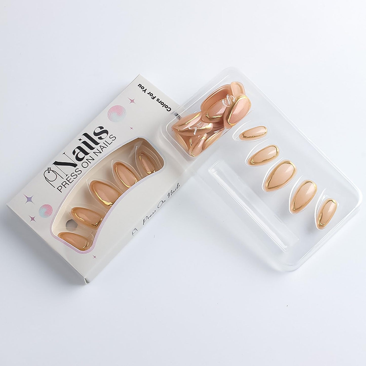RUOKEXIN Almond Press on Nails French Tip Fake Nails Gold False Nails with Designs Medium Nail Press ons Sparkly Artificial Nails for Women 30Pcs