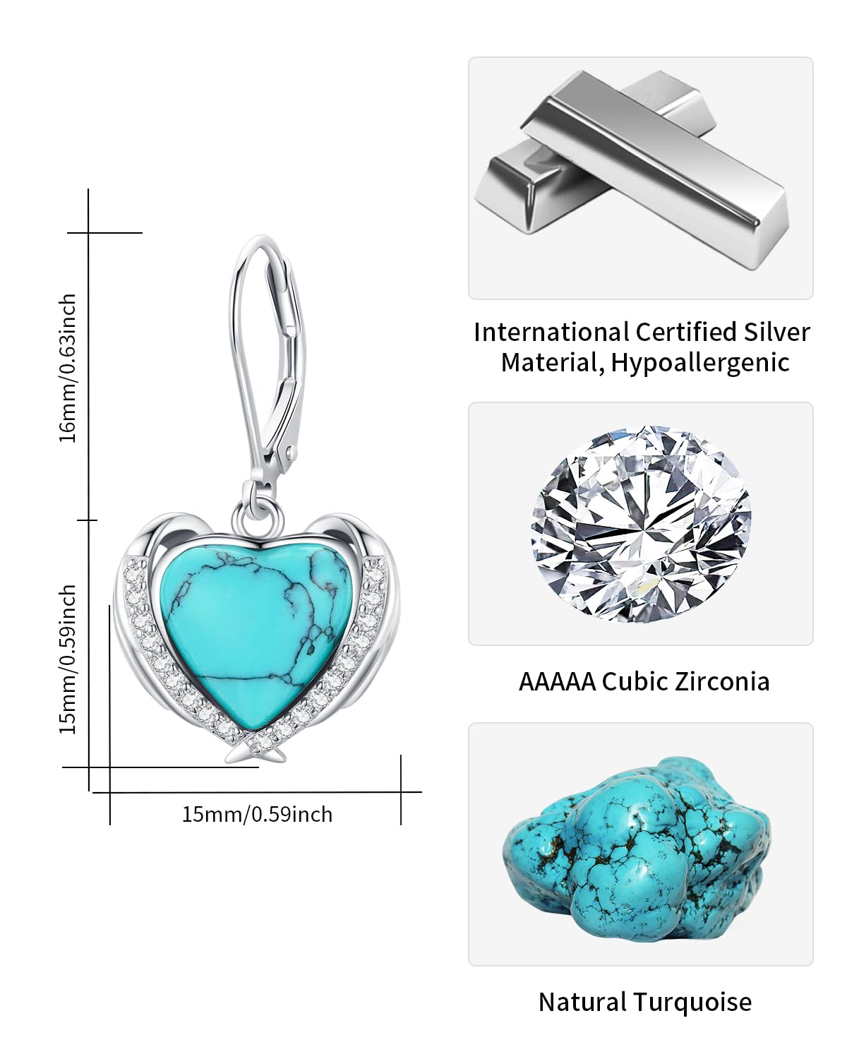 BDL Angel Wing Heart Genuine Turquoise Leverback Earrings Sterling Silver Dangle Drop Jewelry for Women