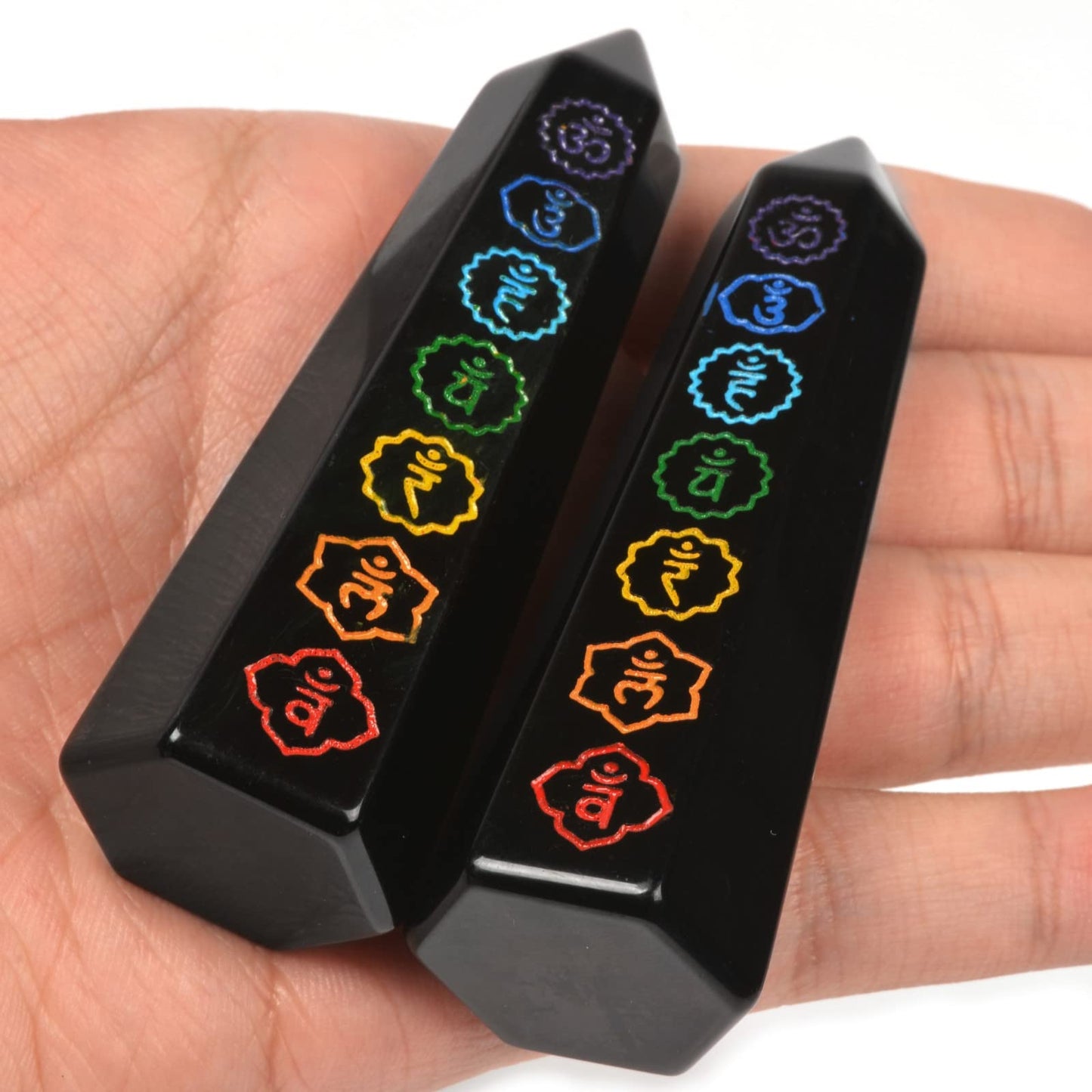 Black Obsidian 7 Main Chakras Seven Symbolic Sanskrit Text Crystal Tower Healing Crystal The Seven Chakras Wand For Spiritual Use Hexagonal Point Reiki Chakra Gemstone Home Office Decor