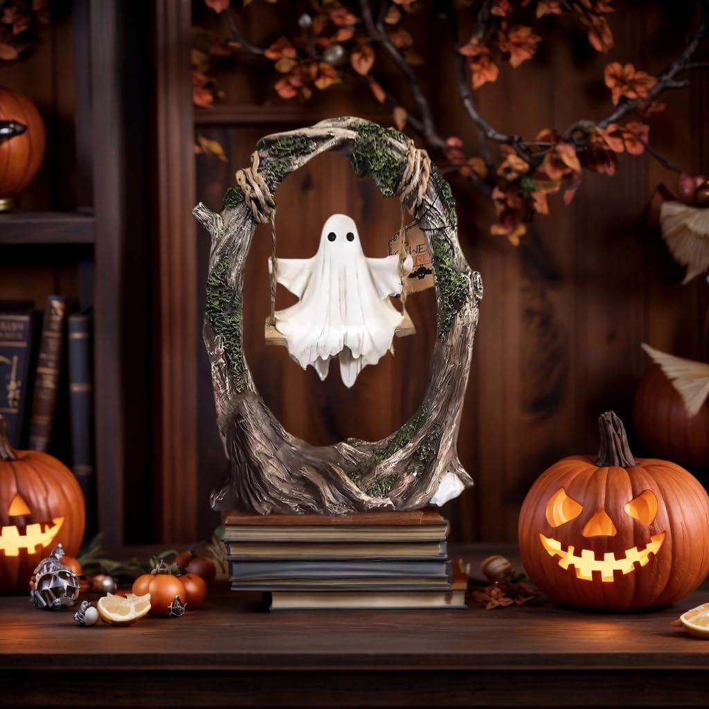AZYM Ghost Halloween Decor,Ghost on a Tree Swing,Cute Funny Swinging Ghost Halloween Figurine Decoration,for Indoor Desktop Bookshelf Outdoor Garden Patio Lawn Decor