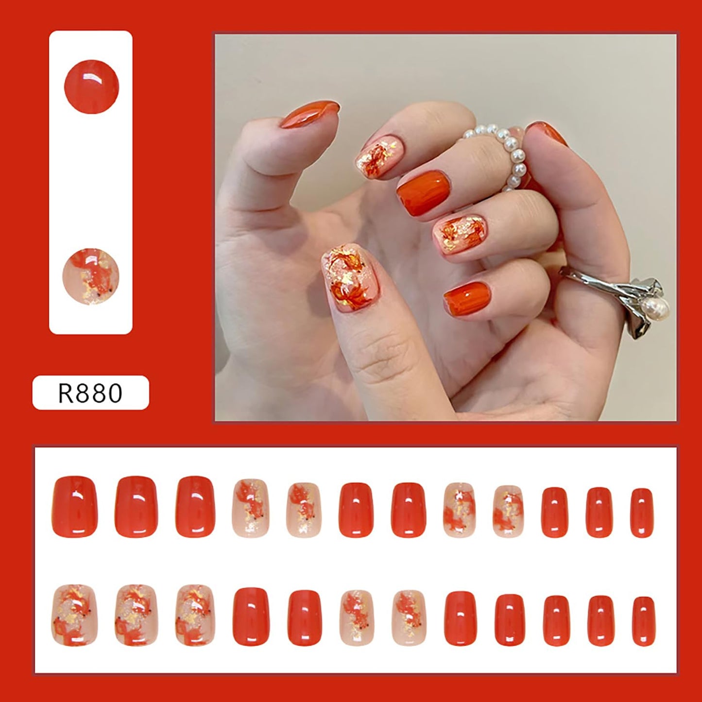 Press on Nails Short Square Gold Fish Design False Nails Orange Artificial Nails Full Cover Gold Glitter Powder Nails Acrylic Coffin Nails Reusable Glue on Nails DIY Stick on Nails for Women 24Pcs
