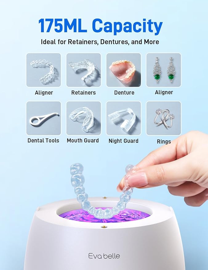Ultrasonic Retainer Cleaner, EVA BELLE Rechargeable Denture Cleaner Machine, Tooth Cleaner MouthGuard Cleaner, Portable Retainer Cleaner for Night Guards, Braces, Aligner, Toothbrush, Jewelry and More