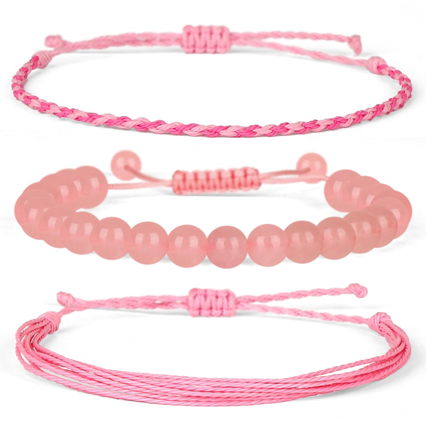 QOGIR Handmade Healing Bracelets,8mm Natural Rose Quartz Gem Stone Beads Bracelet,for Men Women Gifts with 2PCS Size Adjustable Rope Bracelets