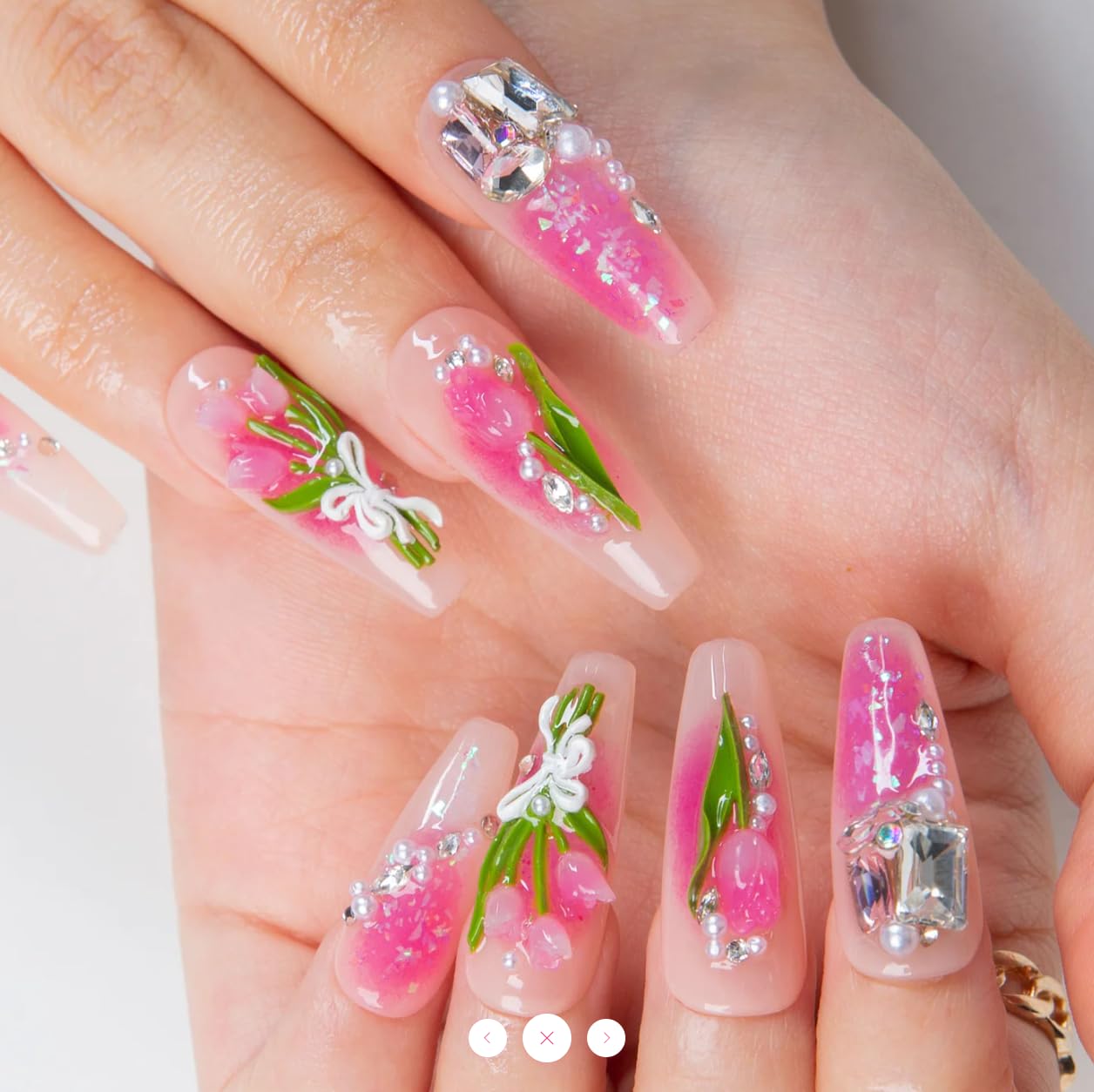 LOVFUL Reusable Press on Nails | Blushing Tulips | Salon Quality Sustainable Style Handmade with Full Covered Crystals | Coffin Classic Regular 1.3 in | H459-S