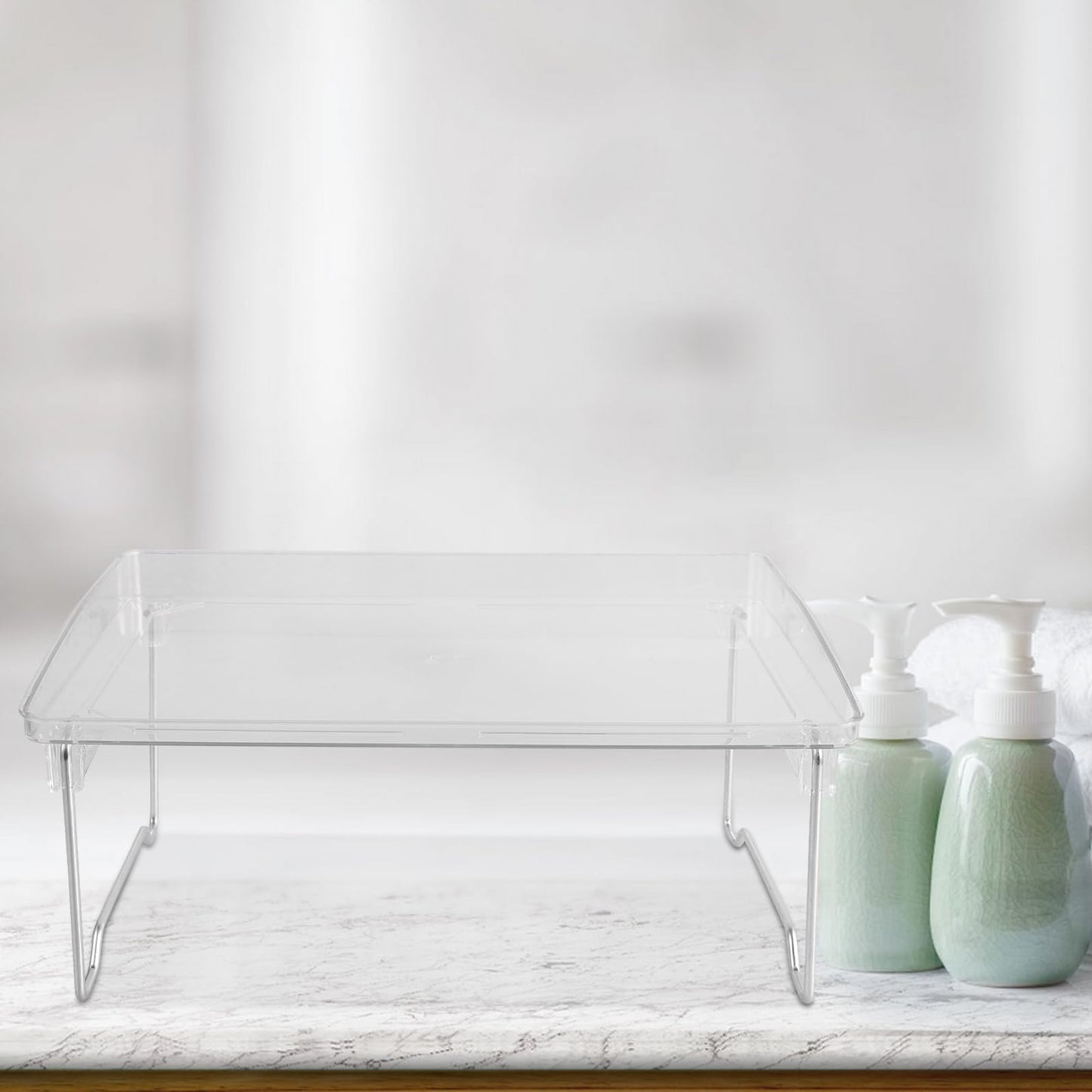 UPKOCH Folding Desktop Storage Rack 11.65X8.26X6.29In Clear Acrylic Countertop Organizer for Kitchen Bathroom Office Multi-Purpose Storage Stand with Raised Edges