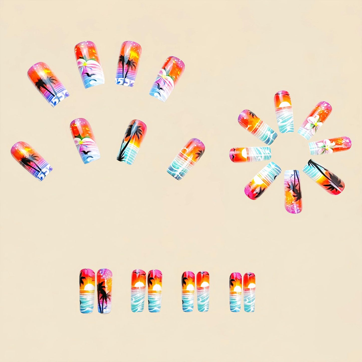 Summer Press on Nails Medium Square Fake Nails with Black Coconut Trees Color Flower Designs Glossy Glue on Nails Blue Gradient Nails Press ons Acrylic Nails Artificial Stick on Nails for Women 24Pcs