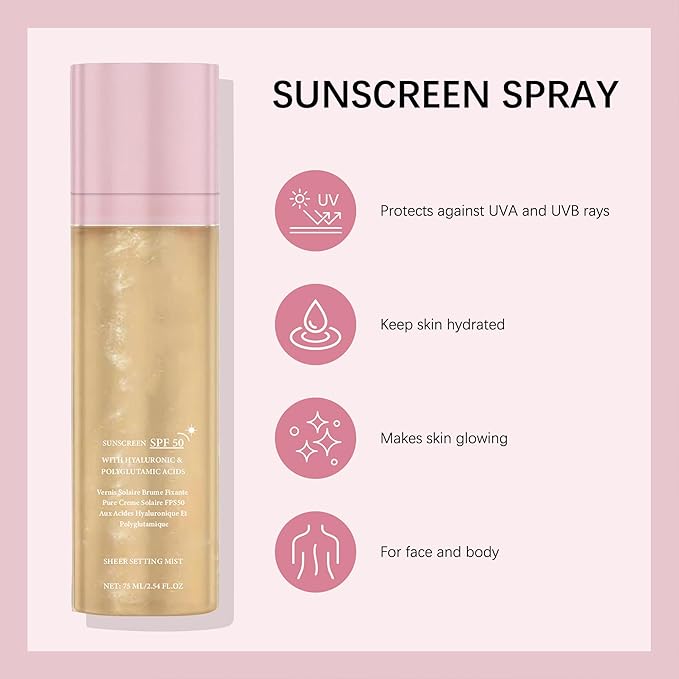 SPF Setting Spray for Face & Body - Sheer Sunscreen Mist SPF 50, Makeup-Friendly Setting Mist with Hydrating Glow, Reef-Safe & Non-Greasy for Beach, Wedding, Daily Wear (2)