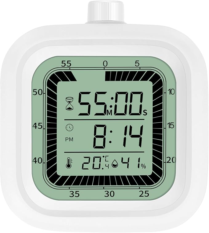 4 in 1 Visual Digital Timer Without Backlight, Easy Set Alarm Clock Humidity Temperature Monitor, Magnetic Wall Mount Kitchen Study Timer for Classroom Office Bedroom White