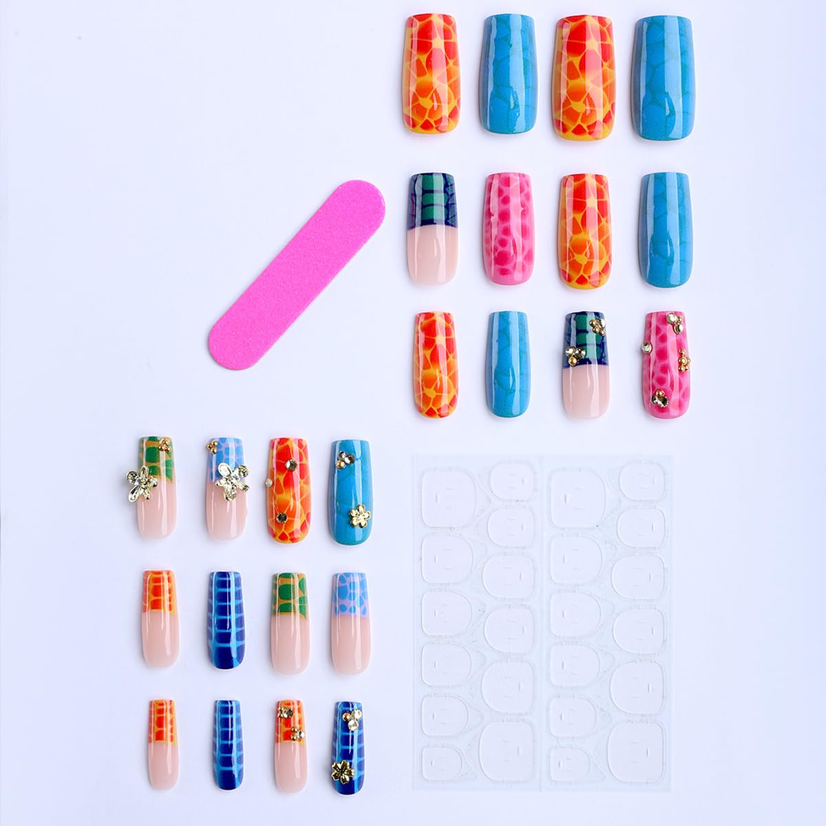 plalely Press on Nails French Tip, Handmade Acrylic Press on French Tip Nails with Flower Designs，Long Square Nail Press Ons for Women 24pcs
