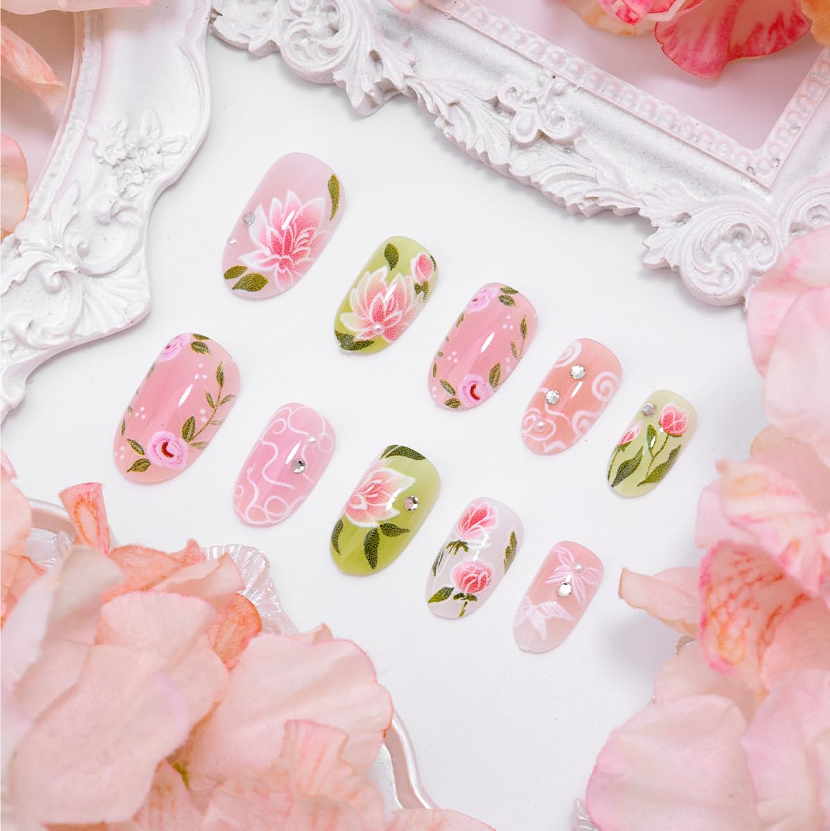 Pink Flower Press on Nails Short Oval Cute Fake Nails with 3D Rhinestone Design Spring Acrylic Nails Butterfly False Nails Summer Glue on Nails Lotus Flower Rose Press ons Artificial Nails Decor 24Pcs