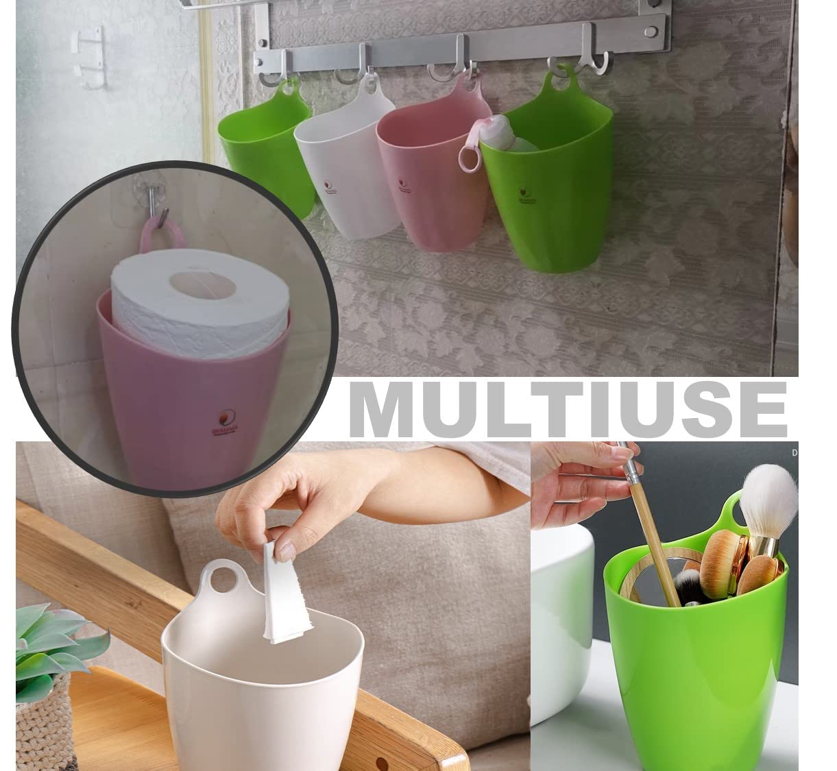 QUALIALL Declutter and Organize with Our Hangable Desktop Trashcan - Small, Multifunctional, and Stylish - Perfect for Makeup Brushes, Lint, and More! Plastic Pink Green White, 3packs