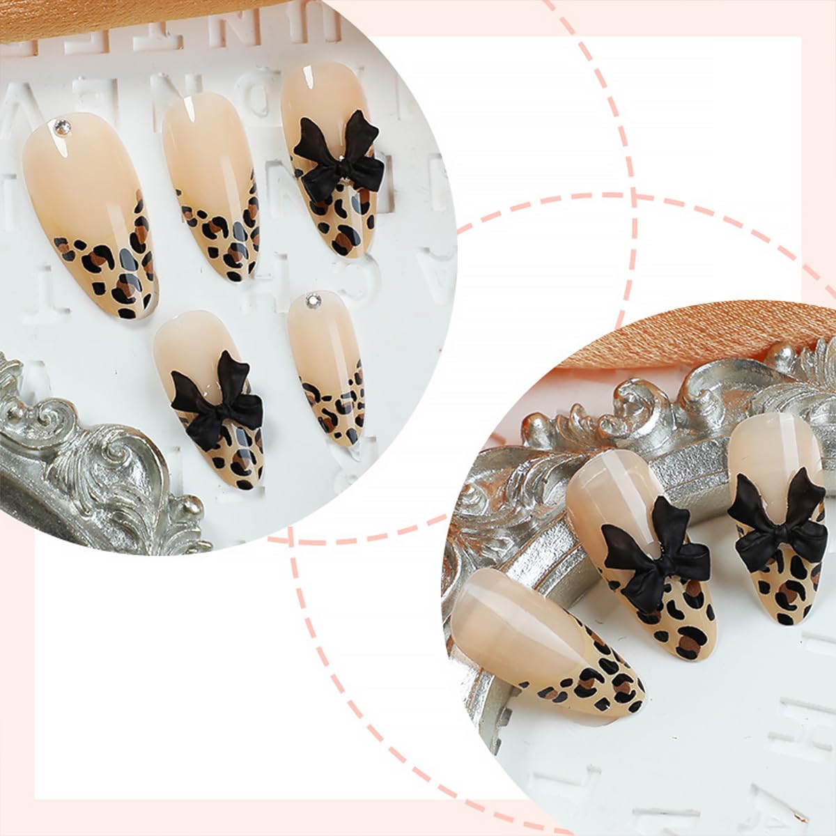 24Pcs Bow Press on Nails Medium Almond Fake Nails Black with Leopard Print Design Bow Charms False Nails Glossy Full Cover Artificial Glue on Nails Nude Stick on Nails Valentine's Day Nails for Women