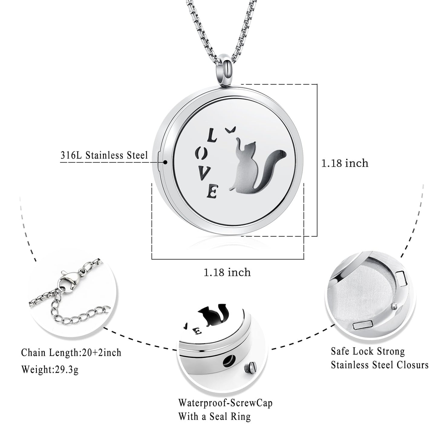 Minicremation Stainless Steel Paw Print Round Perfume Essential Oil Diffuser Pendant Necklace Women Aromatherapy Essential Oil Diffuser Locket Pendant Necklace, with Refill Pads (Silver-Cat)