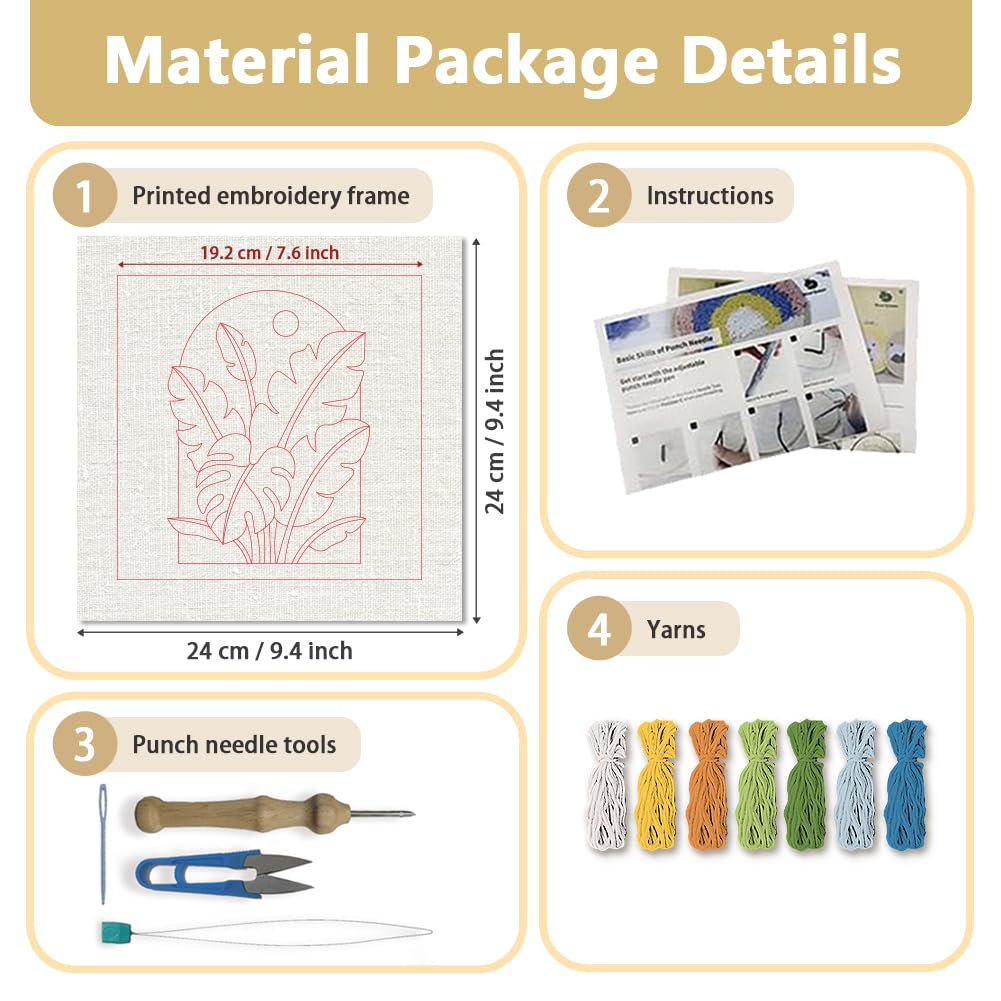 DOODLREAM Monstera Deliciosa DIY Punch Needle Embroidery Kit for Adult Beginner, 9.4" Tropical Plant Punch Stitching Craft Set for Starter with Frame, Fabric Pattern, Threader, Yarn, Punch Needle