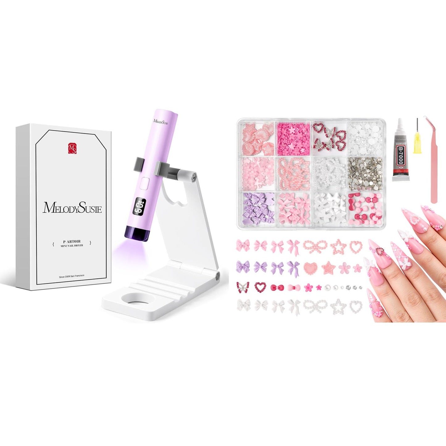 MelodySusie Handheld UV Light for Gel Nails with Stand with 3D Mixed Nail Charms and Gems