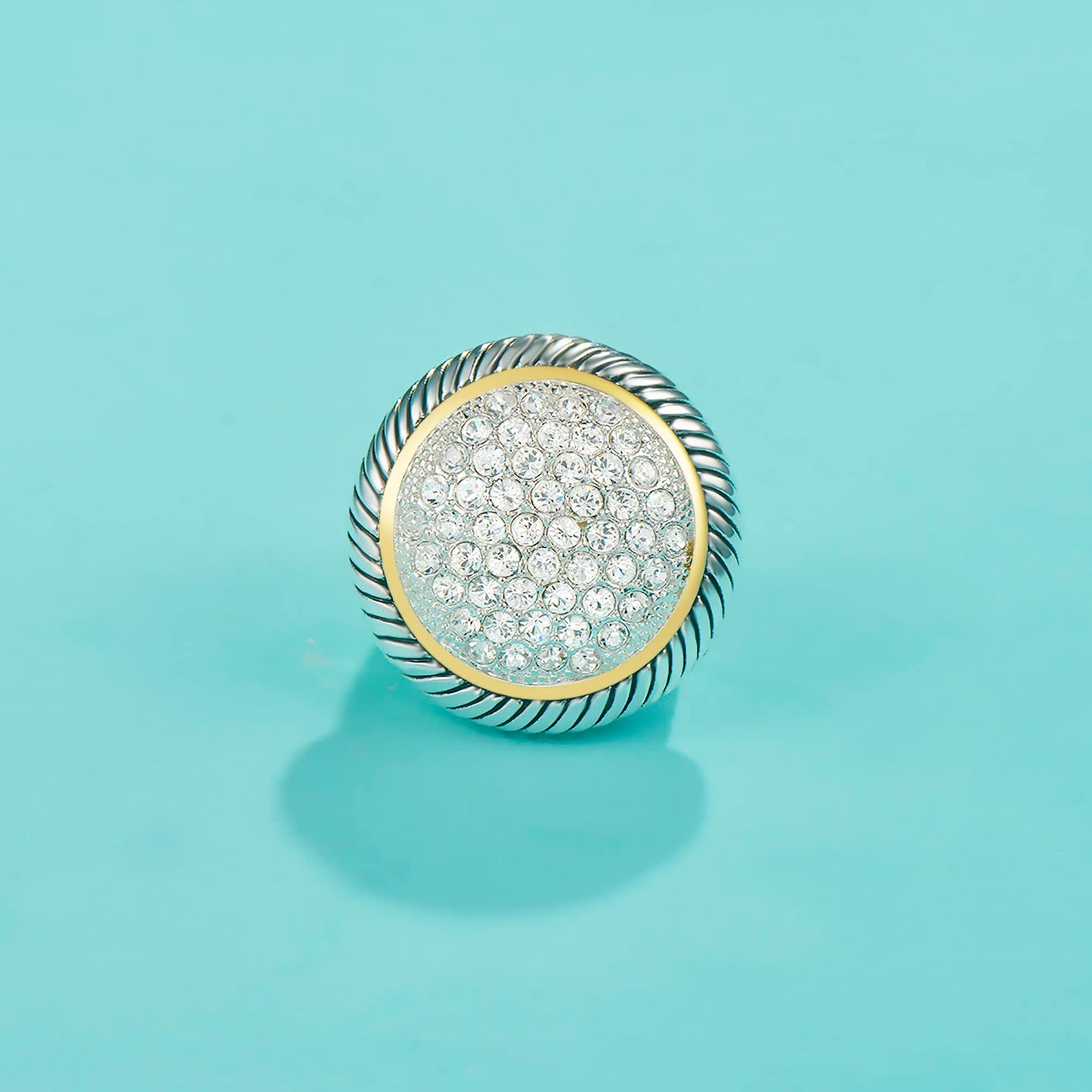 UNY JEWEL Jewelry Jumbo Huge Round Circle Twisted Cable Wire Double Split Shanks Two Tone Ring with Pave CZ Unique Design With Sparkling Stones Perfect For Women's Fashion