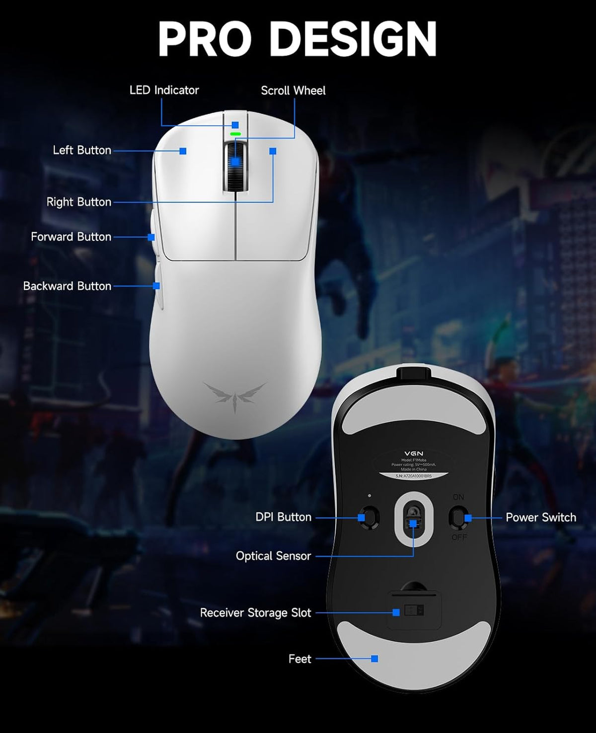 VGN F1 MOBA Wireless Gaming Mouse, 4K Polling Wired/Wireless Gamer Mice with 26K Optical Sensor, 55g Lightweight, 200h Battery Life, 6 Programmable Buttons, USB-C Charging, for PC/Mac/Laptop - White