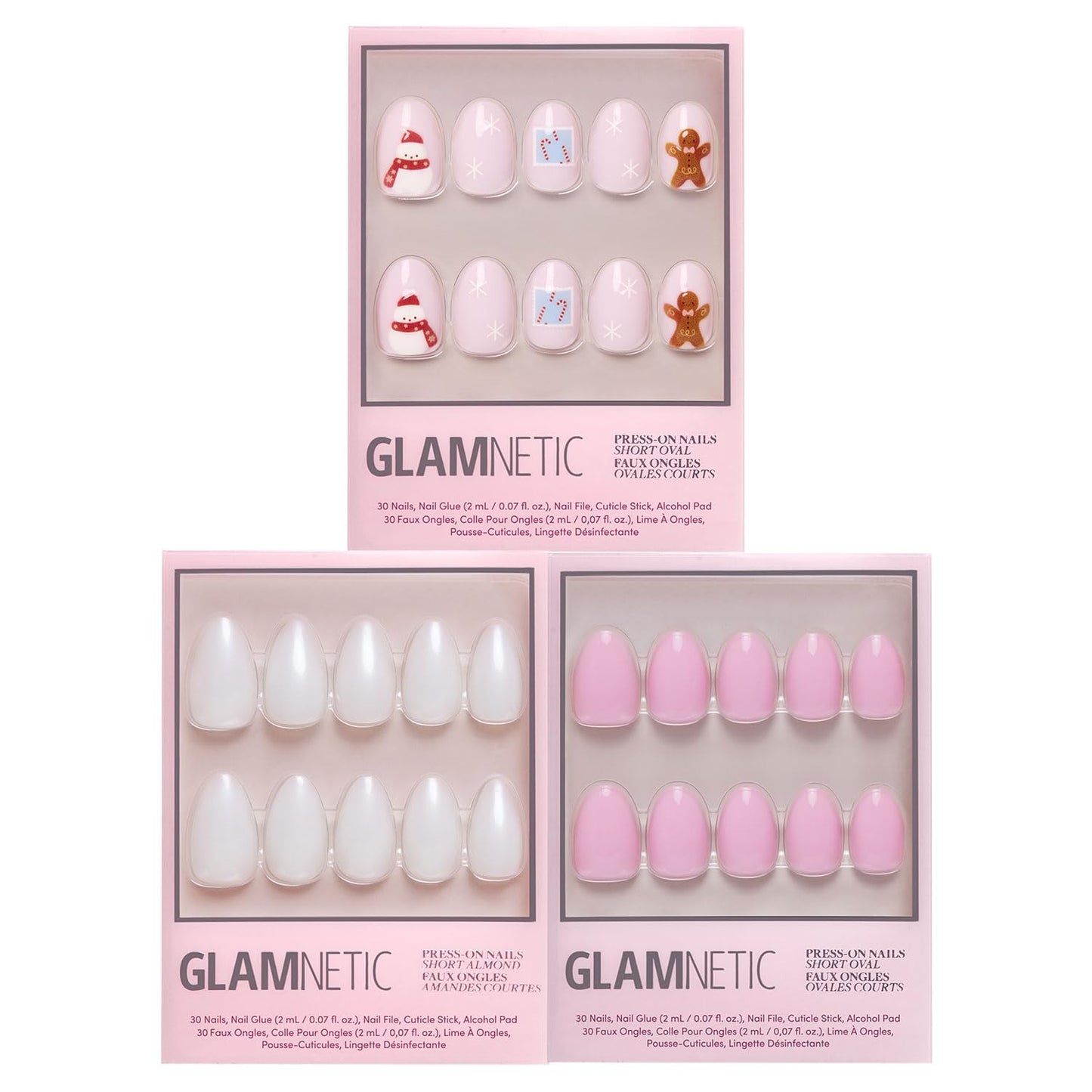 Glamnetic Press-On Nails Bundle - Cocoa & Kisses, Hailey & Think Pink | Oval Nude Nails with Festive Winter Graphics | Glazed Almond Nails | Light Pastel Pink Short Oval Fake Nails