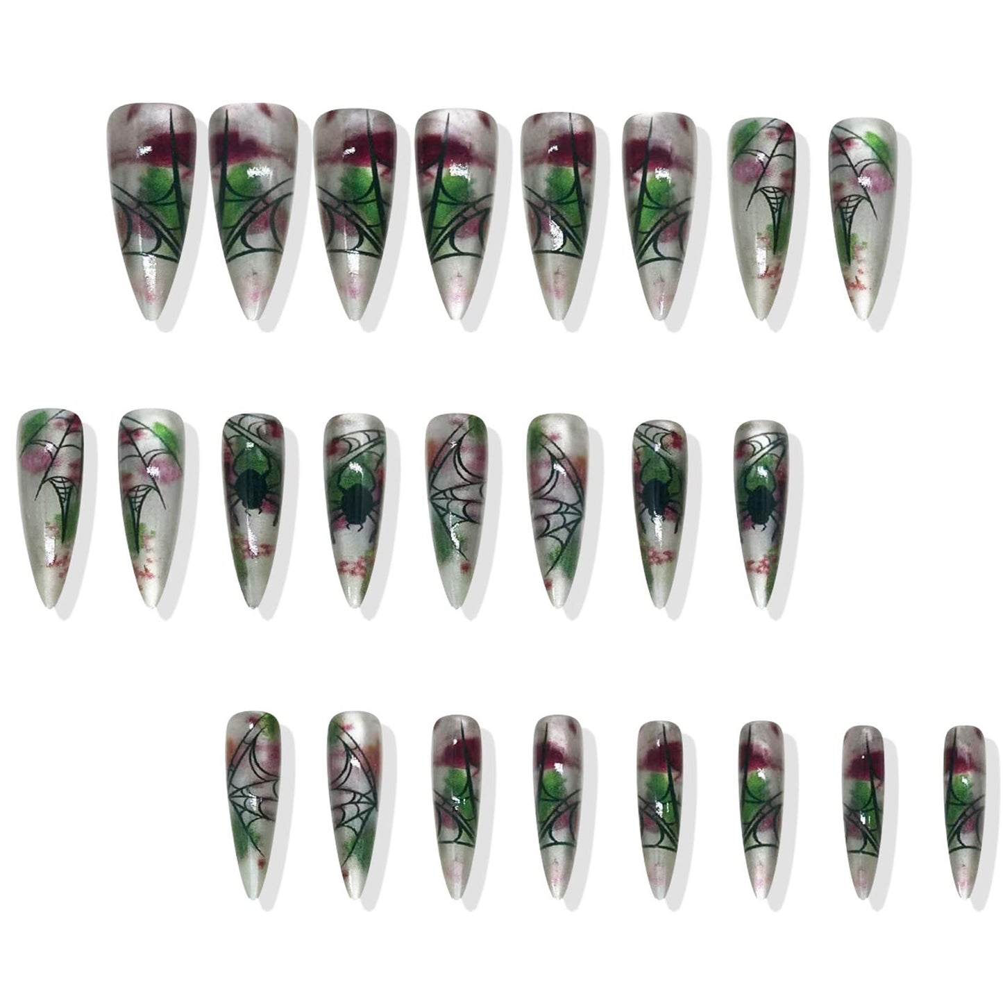 IMRAIN Press on Nails Long Stiletto Fake Nails with Spider Web Designs, Cat's Eye Glossy Glue on, Artificial, Acrylic, Full Cover False Nails for Women Manicure 24Pcs
