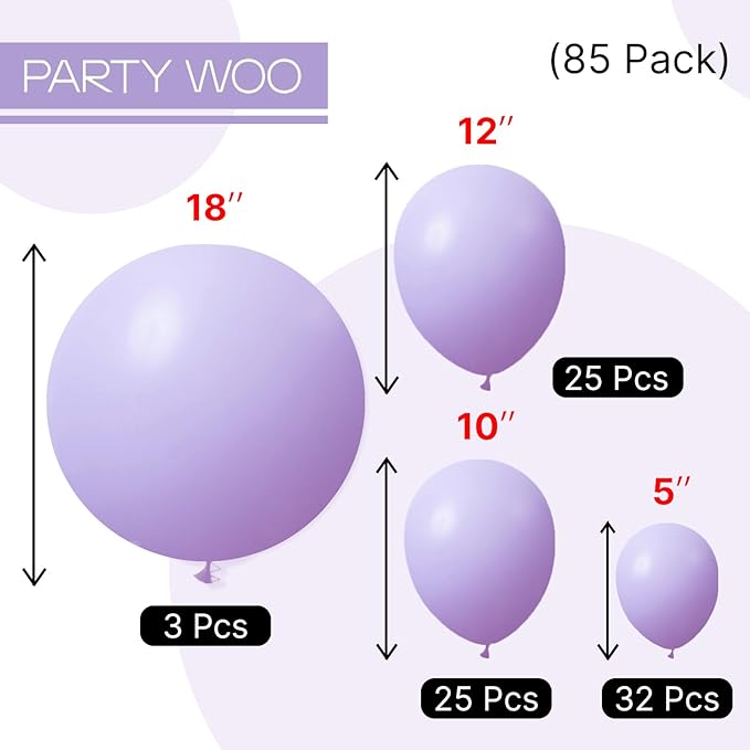 PartyWoo Lavender Balloons 85pcs Different Sizes Pack of 18 12 10 5 Inch Light Pastel Purple Lilac Balloon Arch Kit for Baby Shower Bachelorette Fairy Birthday Princess Party Decorations Purple-Q10