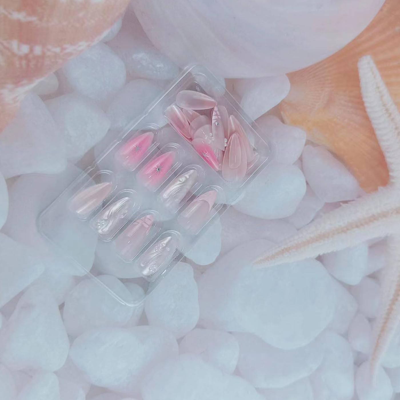 Pink Press on Nails Medium Almond Fake Nails 3D French Tip Water Ripple Artificial Glue on Nails with Rhinestone Pearl Charms Design Shiny Star False Nails Full Cover Stick on Nails for Women 24Pcs