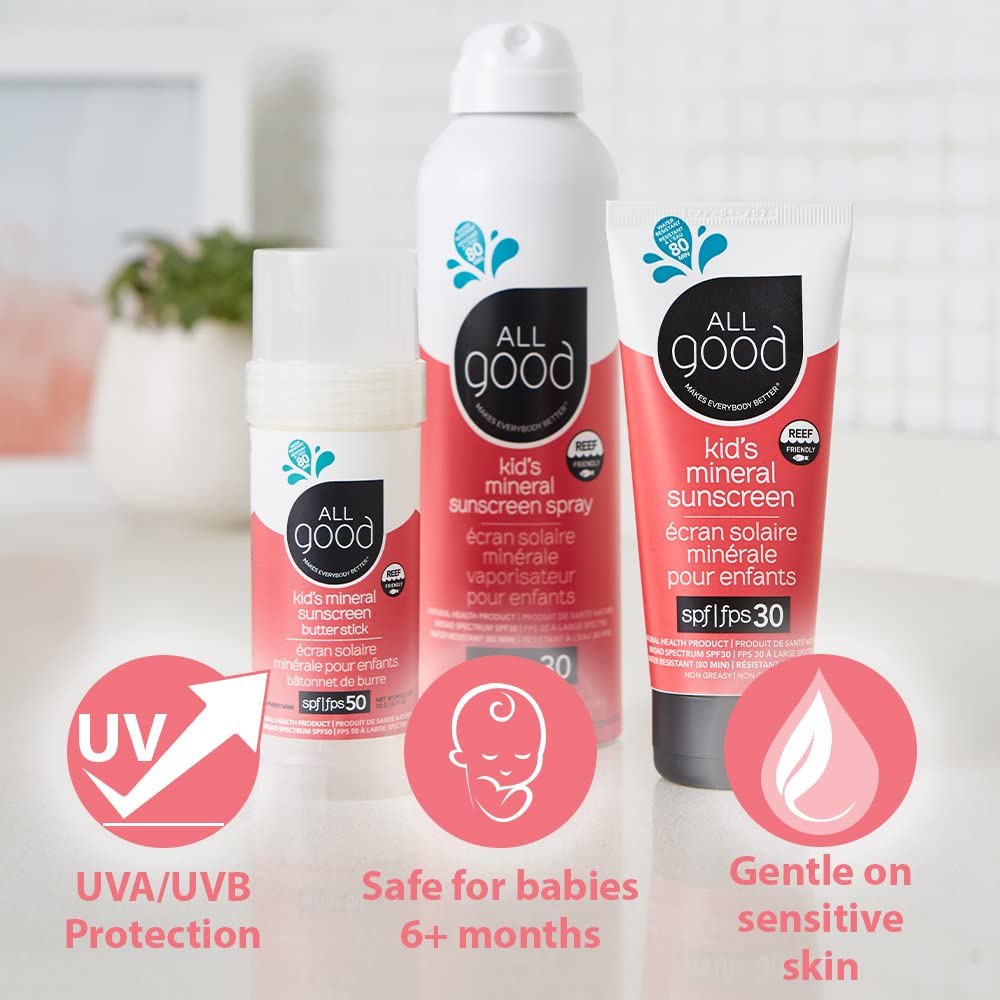 All Good Baby & Kids Sunscreen Lotion for Face & Body - UVA/UVB Broad Spectrum, SPF 30, Zinc Oxide, Coral Reef Friendly, Water Resistant - Zinc, Shea Butter, Coconut Oil, Aloe (3 oz)(3-pack)