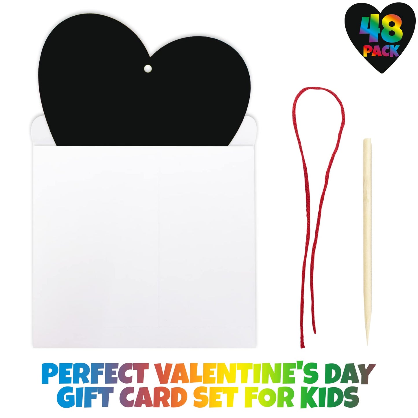 ArtCreativity 48 Pack Scratch Off Valentine Cards for Kids Classroom, Set of 48 Valentine Cards Ink-Free Scratch Off Hearts with Sticks, Red String, and Envelopes, Valentines Crafts