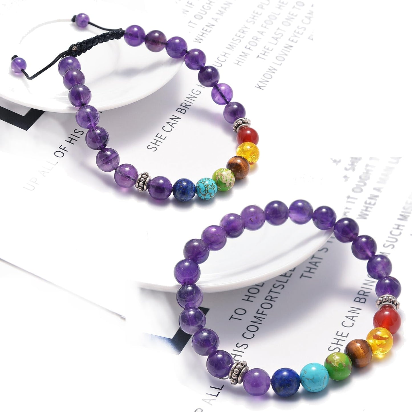 AD Beads 2Pcs His & Hers Distance Beads Bracelets Elastic Natural Stone Yoga Bracelet (7 Chakras-Amethyst)