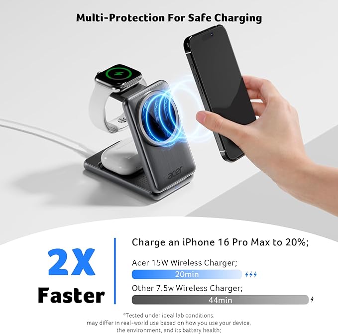 Acer 3 in 1 Charging Station for iPhone, Wireless Charger Stand,15W Fast MagSafe Charger for iPhone 17 16 15 14 13 12 Series-Apple Watch 10 9 8 7 6 5 4 3 2 SE and Ultra Series-Airpods 4 3 2 Pro Series