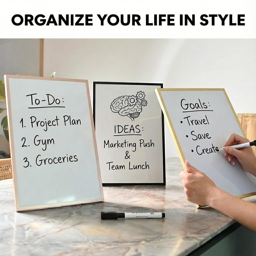 LULU OFFICE 12x16 Magnetic Whiteboard with Stand – Includes Weekly & Monthly Planner Sheets – Desktop Dry Erase Board with Black Frame, 3 Markers, Eraser, Magnets & Wall Mount Kit