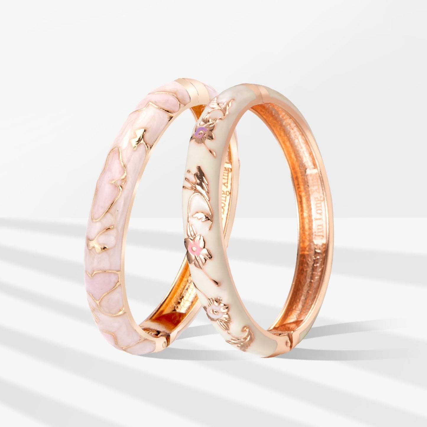UJOY Elegant Bracelet Enameled Jewelry Spring Hinge Metal Cuff Cloisonne Rose Gold Bangles Set Gift Box Packed 55A45-55A81 Pink White