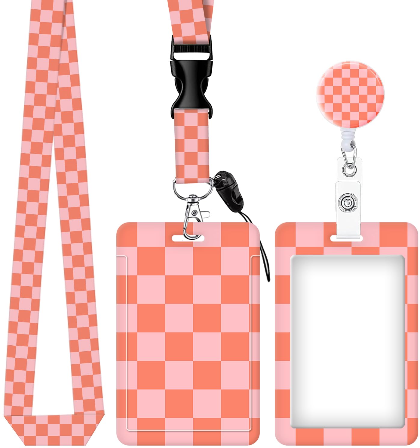 ID Badge Holder with Retractable and Detachable Lanyard, Cute Badge Reel Breakaway Lanyard with Carabiner Clip for Teachers, Nurses, Perfect Work and Office(Pink Red Checkerboard)