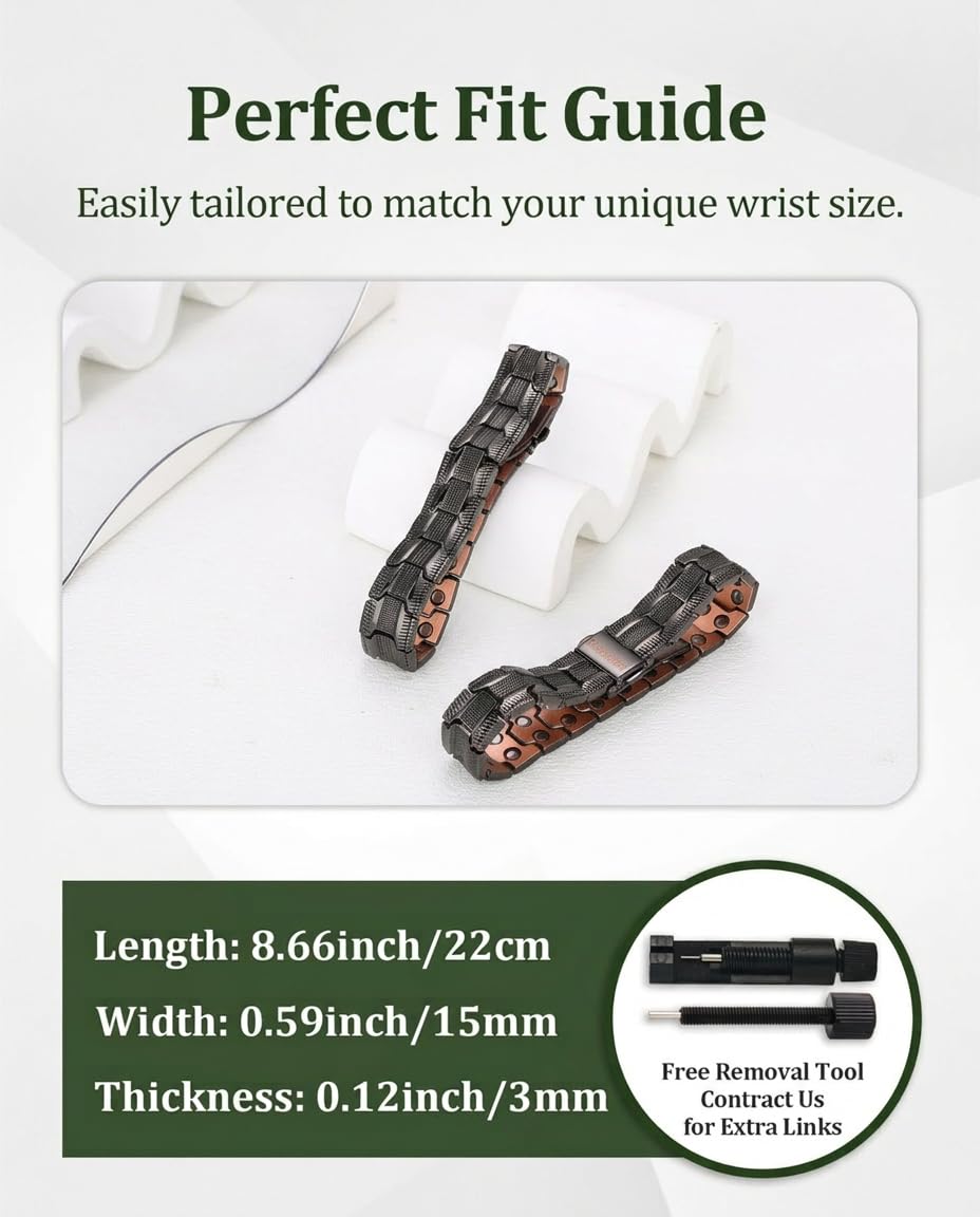 Fashtour Copper Bracelet for Men, 2X Strength 99.99% Pure Copper Magnetic Bracelet with Magnets, Butterfly Clasp Design, Adjustable Length with Sizing Tool (Black)