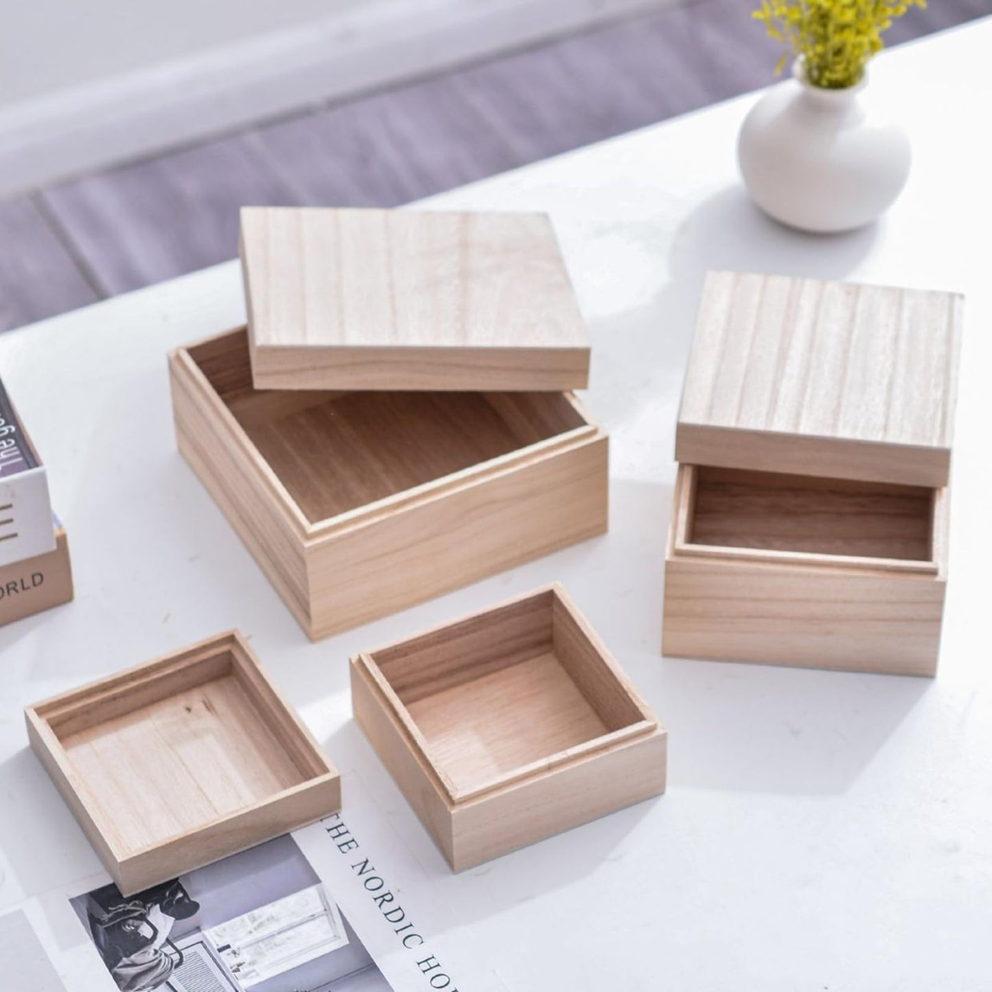 Anktily 4PCS Unfinished Wooden Box with Top Lid, 4.7 x 4.7 x 3 inch Small Square Wood Keepsake Box,Rustic Wood Container Boxes for Crafts, Home Storage