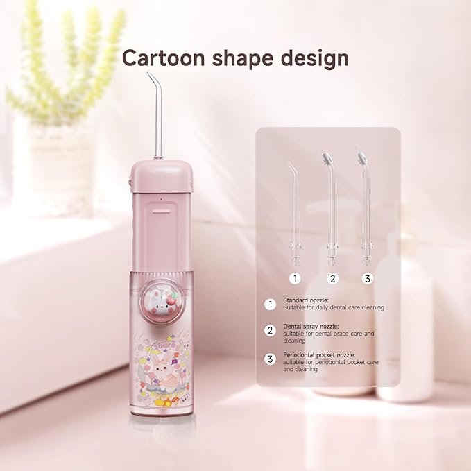 Kids Water Flosser,3 Modes Cordless Portable Water Teeth Cleaner,4 Replaceable Nozzles,IPX7 Waterproof Oral Irrigator Rechargeable,Professional Flossing Cleaning Picks for Home Travel (Pink)