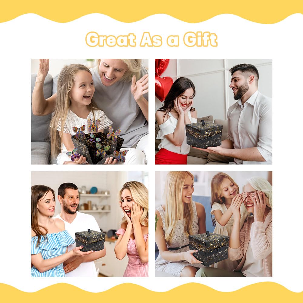 WCHOSOZH Surprise Explosion Gift Box with 4Pcs Flying Butterflies, Exploding Gifts Box with Congratulation Card, Butterflybirthday Surprise Boxes for Birthday Wedding Anniversaries Party Mothers Day(Black)
