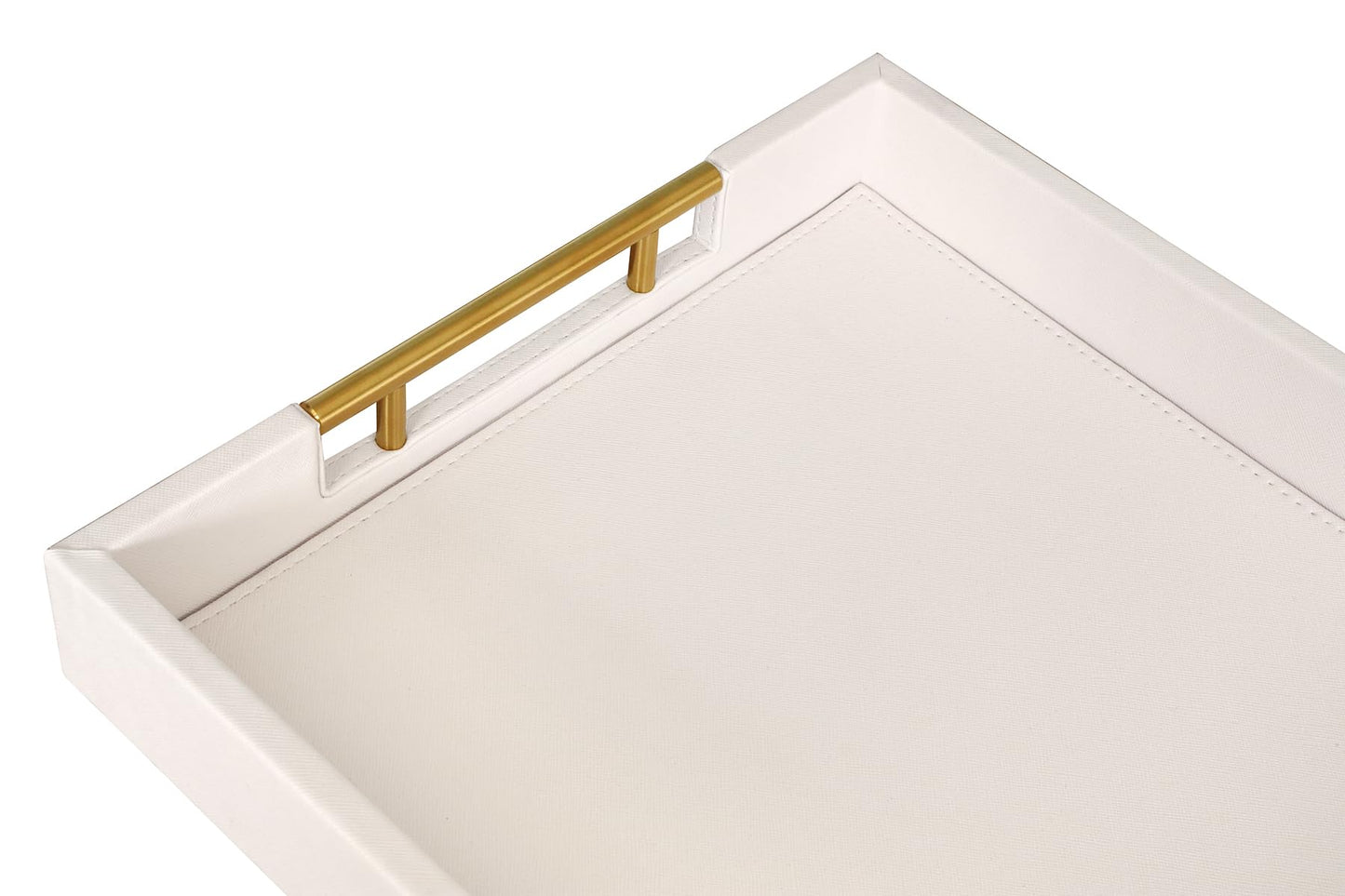HofferRuffer Faux Leather Serving Tray with Gold Metal Handles, Stylish Decorative Tray Organizer for Coffee Table, Ottoman, Home Decor and Serving (CreamWhite, 16.2" x 12.2" x 2")
