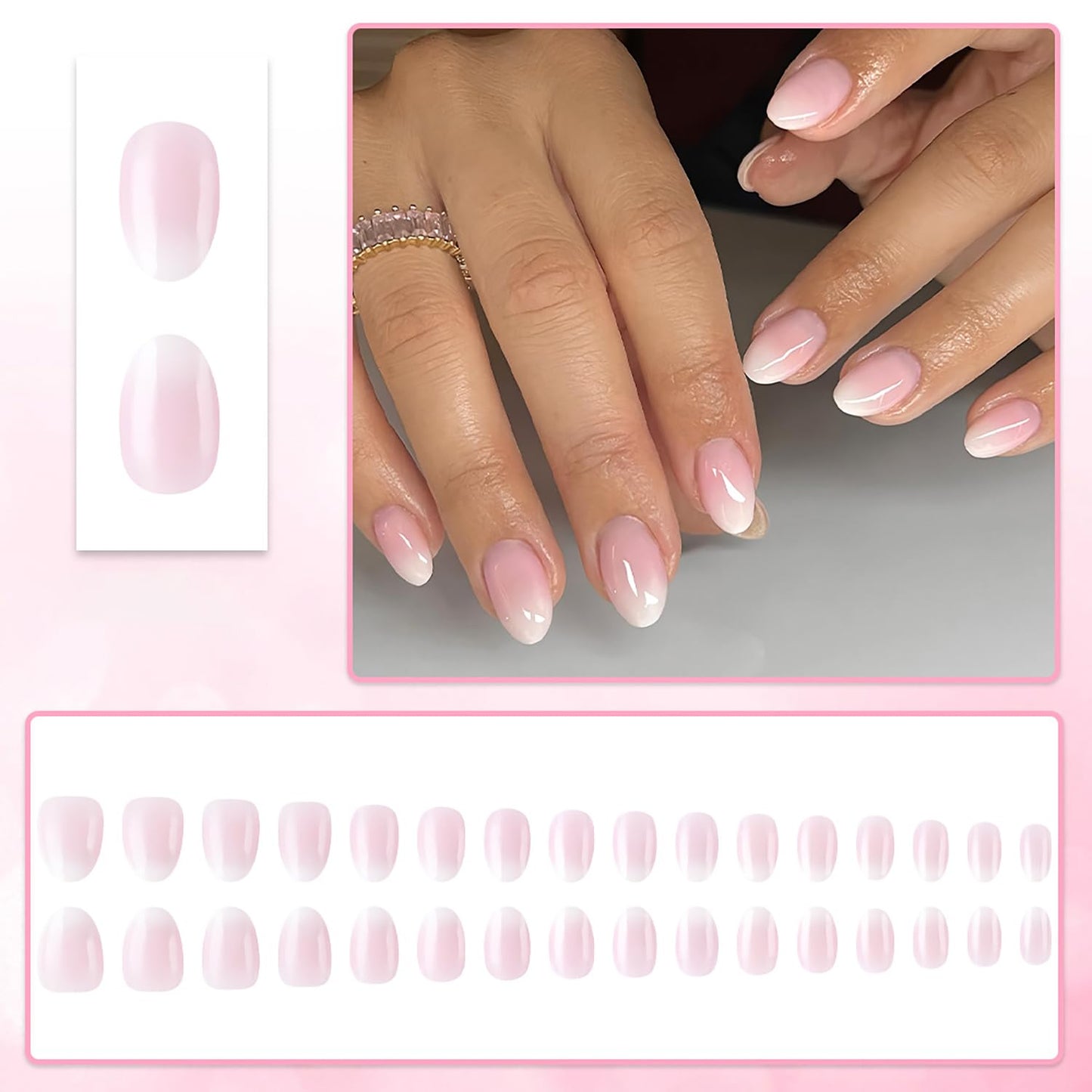 Almond Press On Nails Short Fake Nails Pink White Gradient False Nails With Artificial Glossy Designs Acrylic Nails Press Ons Full Cover Glue On Nails Pink White Stick On Nails For Women