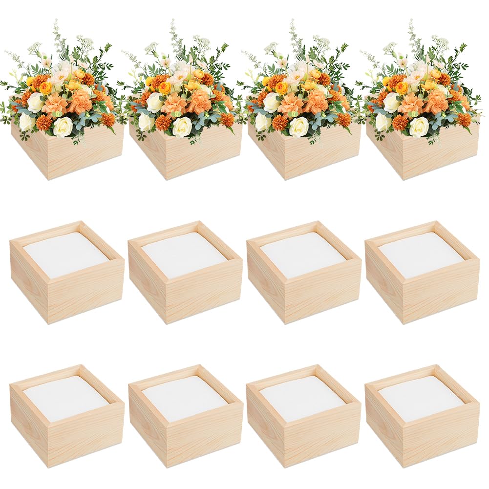 AHANDMAKER 12 Pack Unfinished Wooden Boxes Rustic Natural Wooden Crates with Foam Inserts for Floral Arrangement Home Decor Wedding Centerpieces Christmas Party Craft 4x4x2.3 Inch