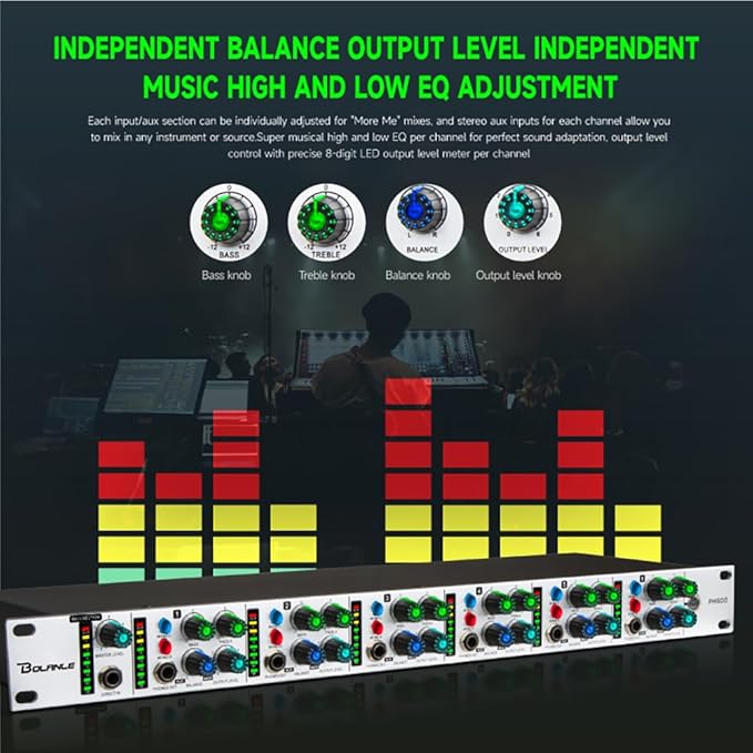 Bolanle PH6000 6-Channel Headphone Mixing Distribution Amplifier High-Power Headphone Amplifier 3.5mm & 6.35mm Jacks