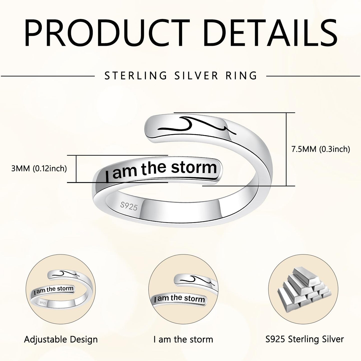 925 Sterling Silver Inspirational Jewelry Adjustable Wrap Open Ring Encouragement Gift for Women(I am the storm 2)