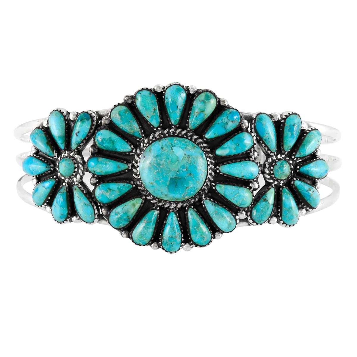 Southwest Style Genuine Gemstones 925 Sterling Silver Cluster Bracelet (Turquoise)