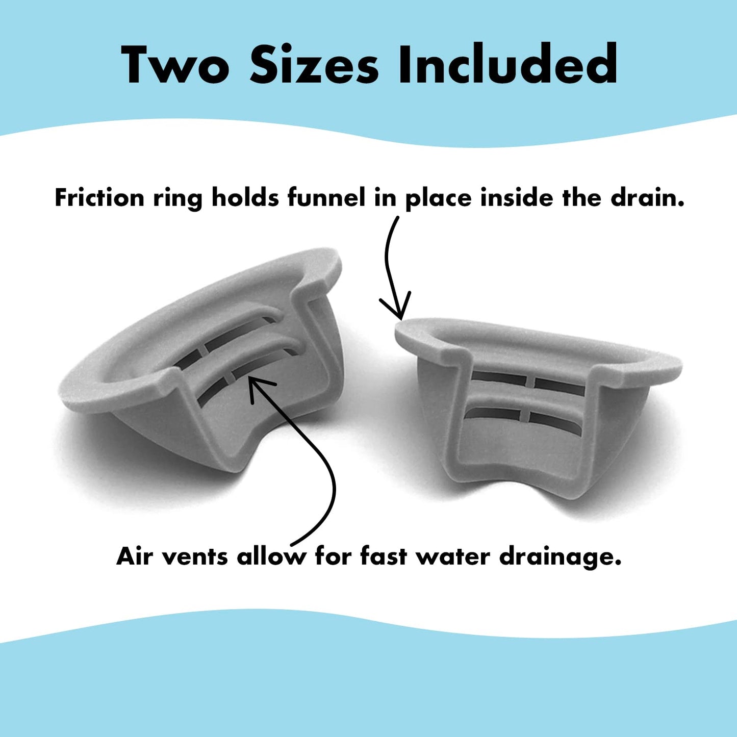 DRAINFUNNEL Bathtub Drain Funnel for Hair Clog Prevention, 2 Size Pack 1.3"-1.7" Tub Drains (Gray)