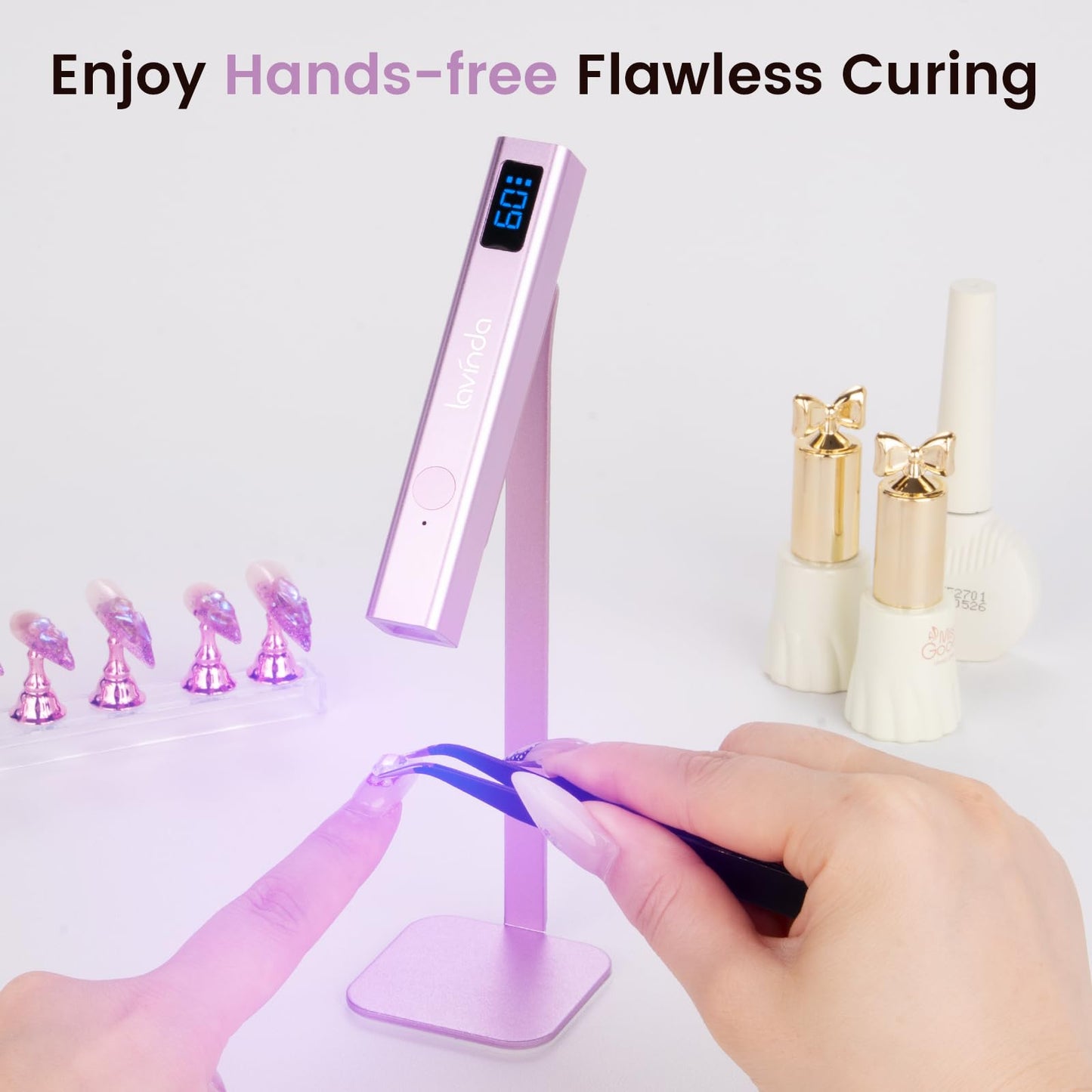 Lavinda Handheld UV Light for Gel Nails with Stand, Mini Nail Lamp with LCD Display, Portable Cordless Rechargeable UV Led Nail Lamp Nail Dryer for Fast Curing Gel Polish for Home DIY Manicure